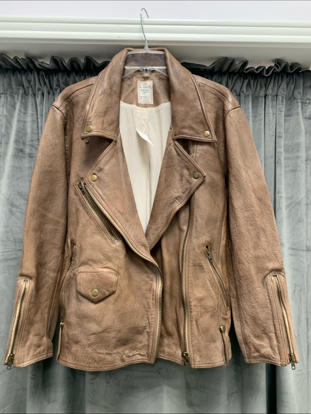 We The Free Brown Leather Moto Jacket with Brass Hardware
